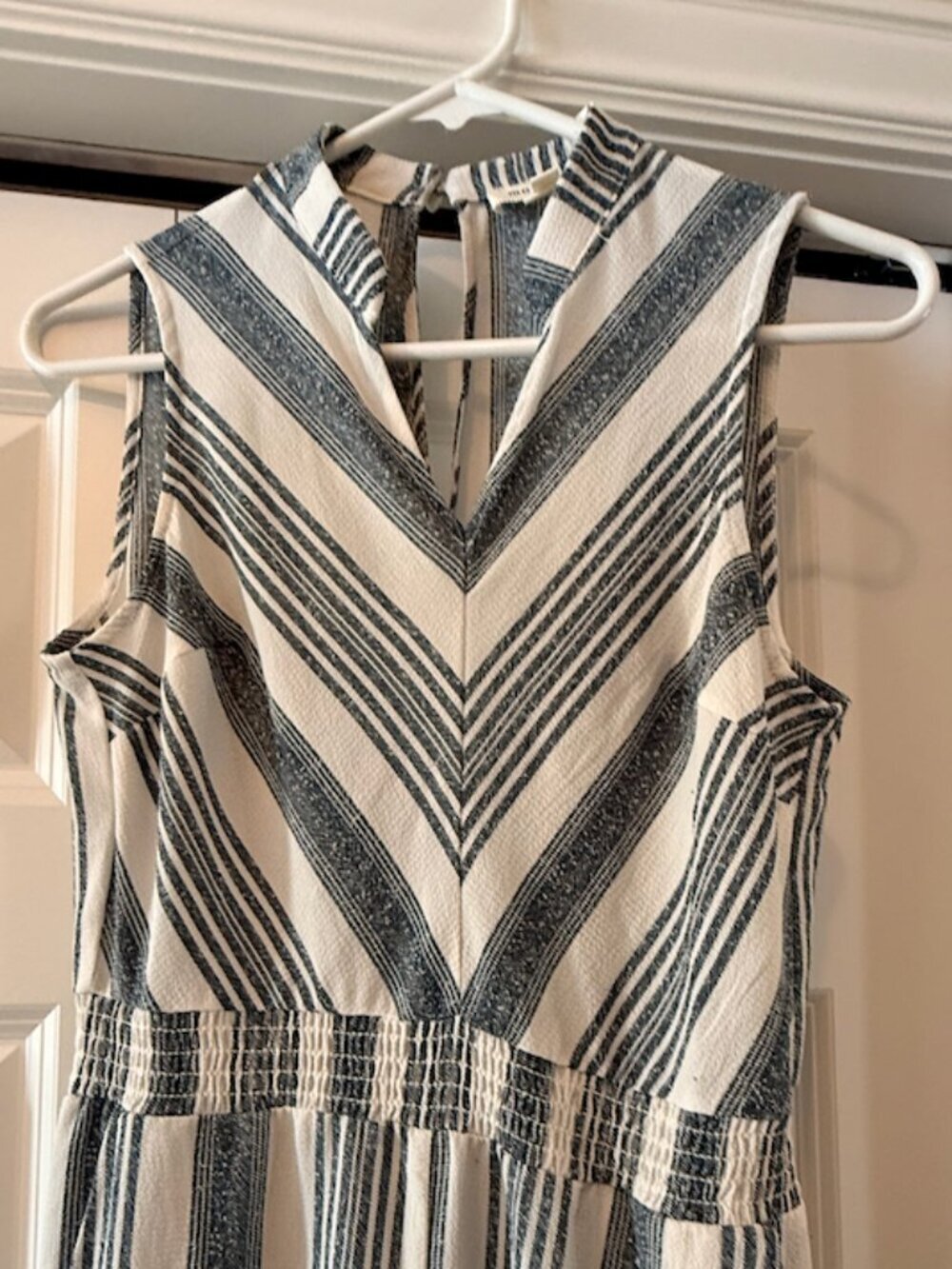 Monteau Blue Ivory Striped Cropped Jumpsuit Capri Wide Leg Size M - Picture 3 of 7